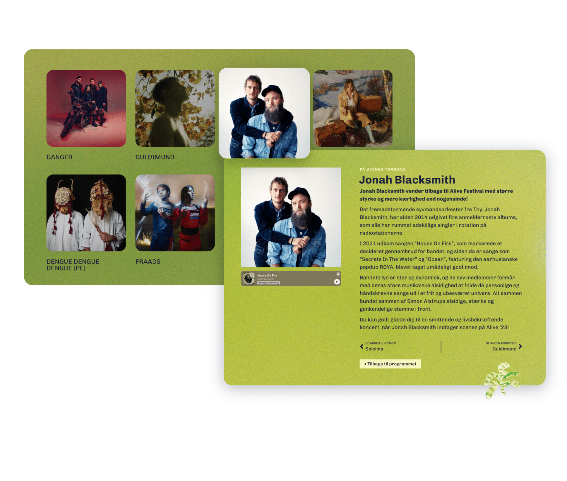Mockup af kunstner modul på Alive Festivals WordPress hjemmeside udviklet af Simsoft
