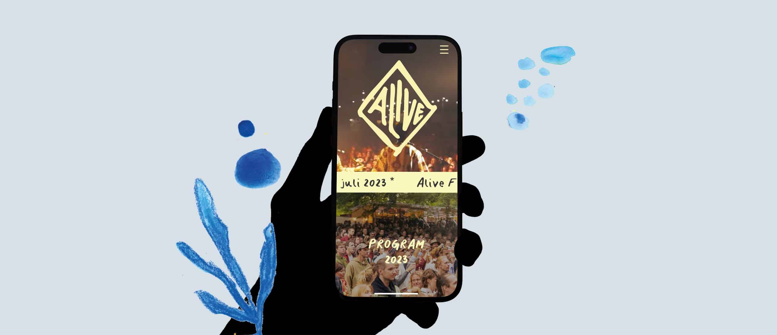 Mockup af Alive festivals hjemmeside på mobil