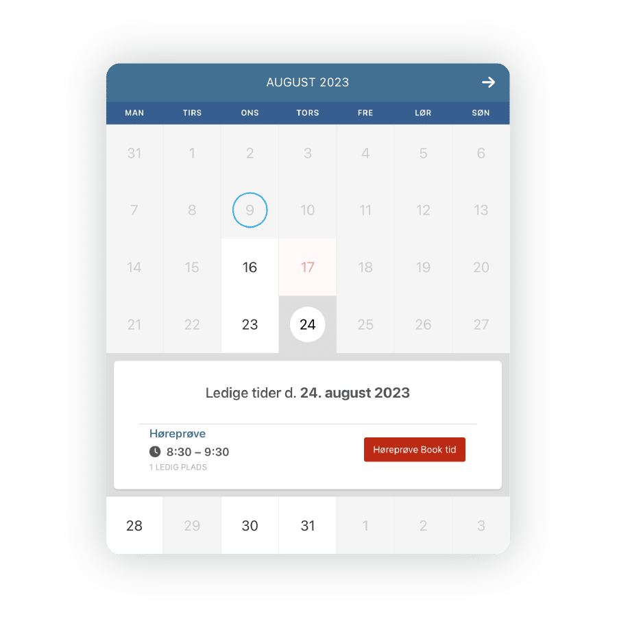 Mockup af booking modulet på Jacobs HC's hjemmeside
