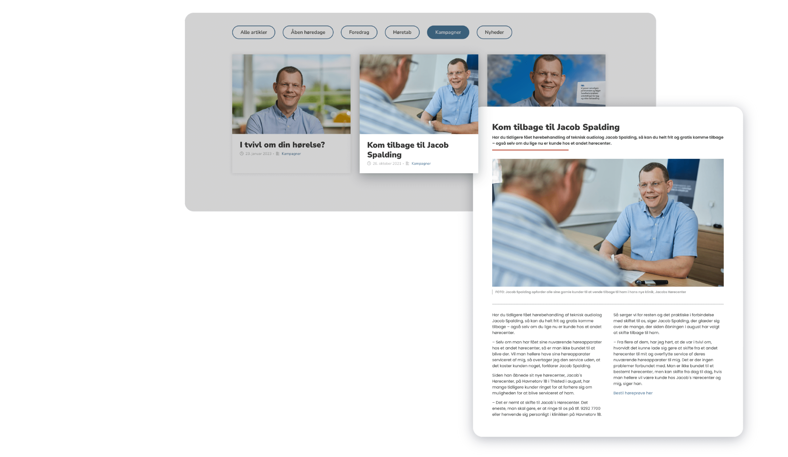 Mockup af blog modulet på Jacobs HC's hjemmeside