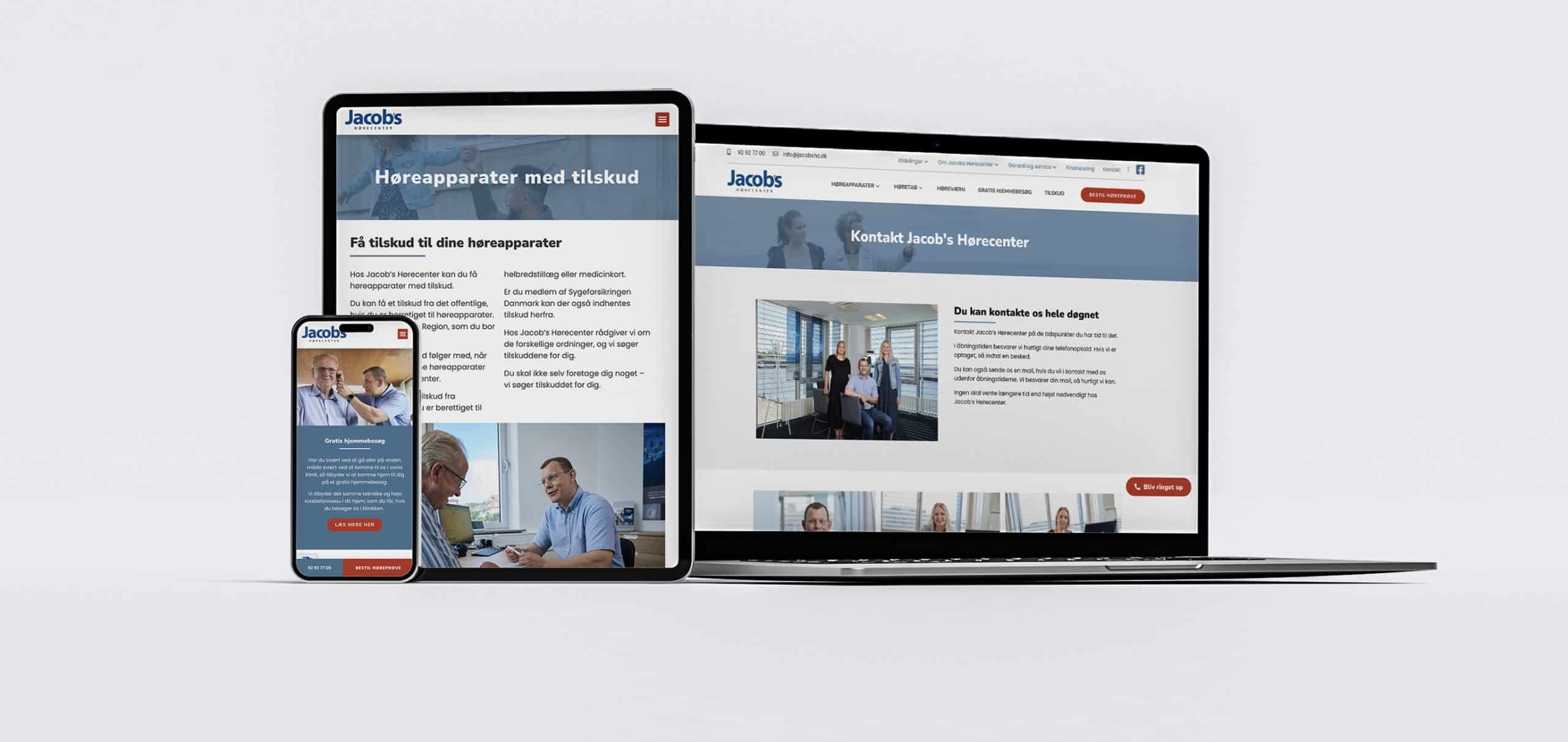 Mockup af Jacobs HC's hjemmeside på forskellige platforme